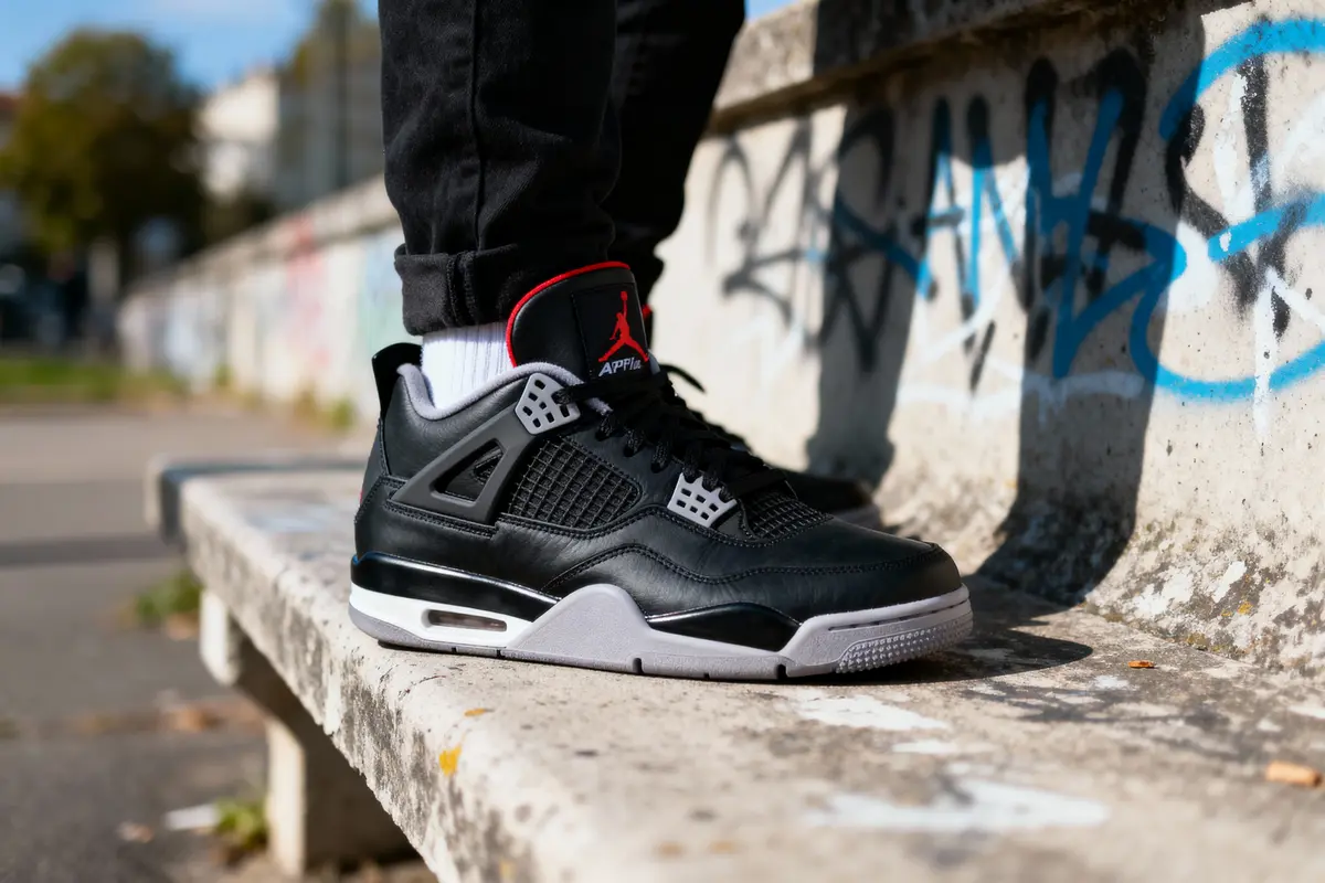 Chaussures noires sur banc en béton tagué, personne en pantalon noir et chaussettes blanches.