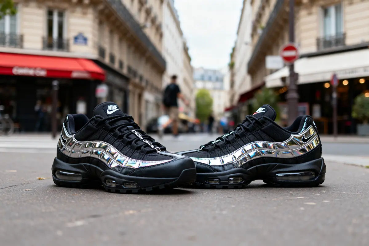 Paire de baskets noires et argentées Nike posée sur une rue parisienne avec bâtiments en arrière-plan.