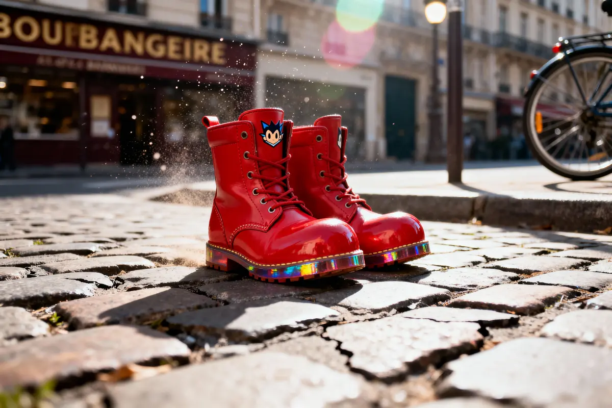 Bottes rouges brillantes sur pavés, devant une boulangerie, vélo en arrière-plan. Effet de lumière colorée.