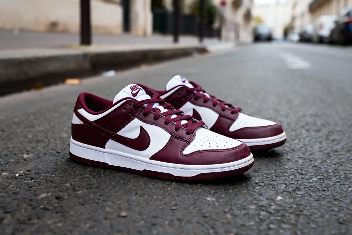 Chaussures de sport bordeaux et blanches Nike posées sur une rue pavée urbaine.