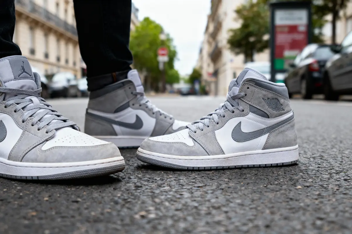 Personne portant des baskets grises et blanches Nike sur une rue pavée en ville.