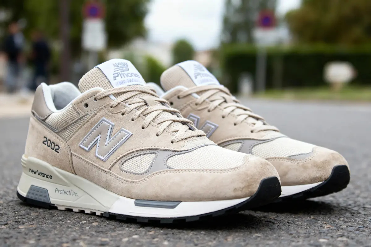 Paire de baskets beige et grise New Balance sur sol, arrière-plan flou, extérieur.