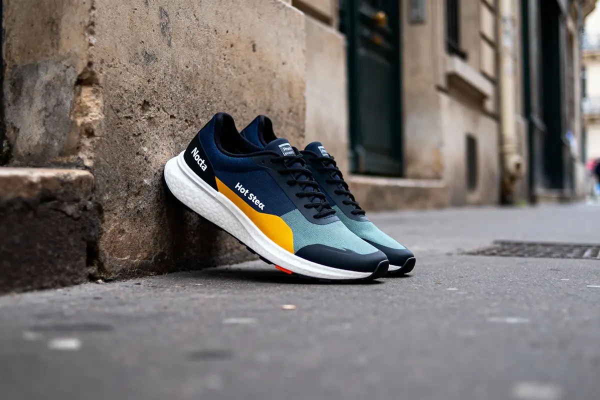 Paire de baskets bleues, jaunes, blanches, marquées "Nocta", posées contre mur d’une rue pavée, devant porte verte.