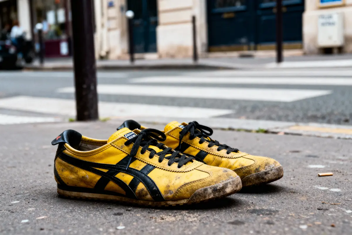 Chaussures jaunes sales sur trottoir urbain avec passage piéton en arrière-plan flou.