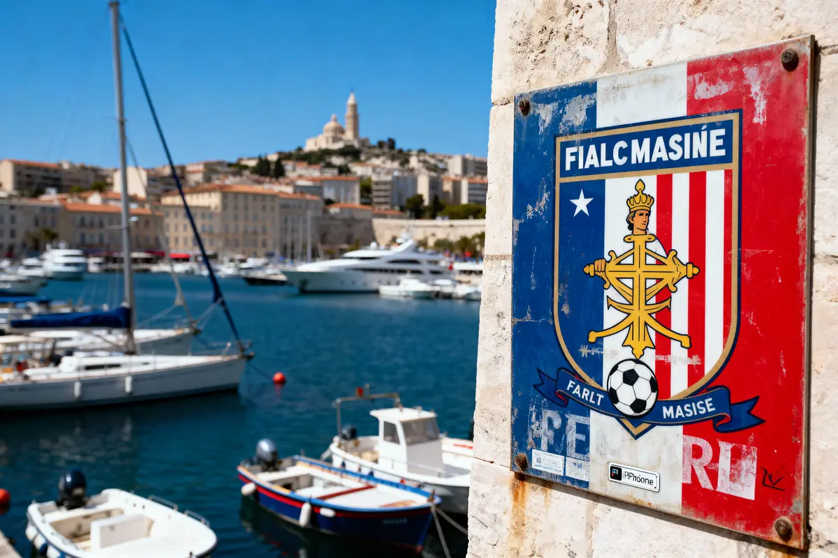 Panneau avec blason sur quai, bateaux et ville en arrière-plan. Vue sur une église en colline.