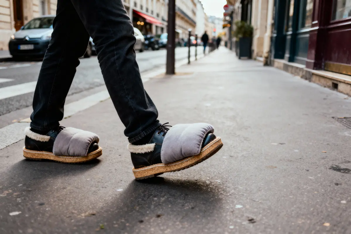 Personne portant des chaussures originales avec grandes semelles, marchant dans une rue urbaine. Vêtements décontractés.