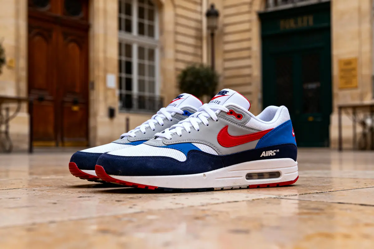 Baskets colorées Nike Air Max posées sur sol en marbre, environnement urbain en arrière-plan.
