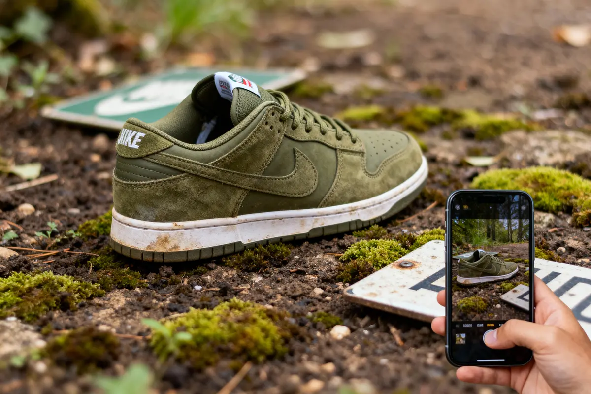 Basket verte Nike sur sol terreux, personne photographiant avec un téléphone, mousse et panneau métallique en arrière-plan.