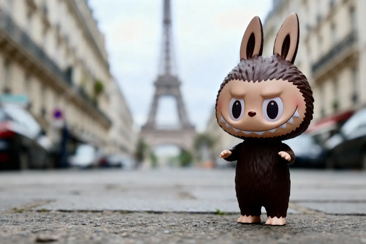 Figurine mignonne déguisée en animal, posée sur rue pavée avec la Tour Eiffel floue en arrière-plan.