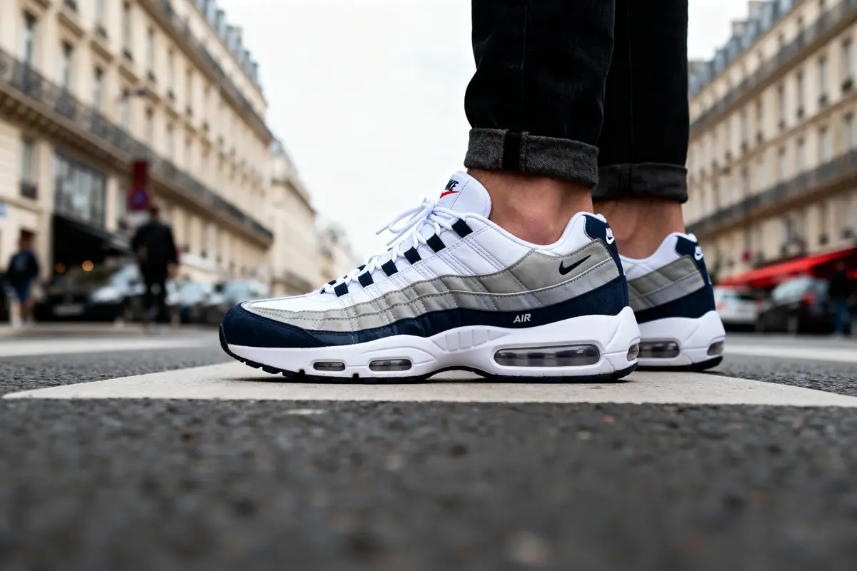 Personne portant des baskets Nike dans une rue urbaine, entourée de bâtiments parisiens en perspective.