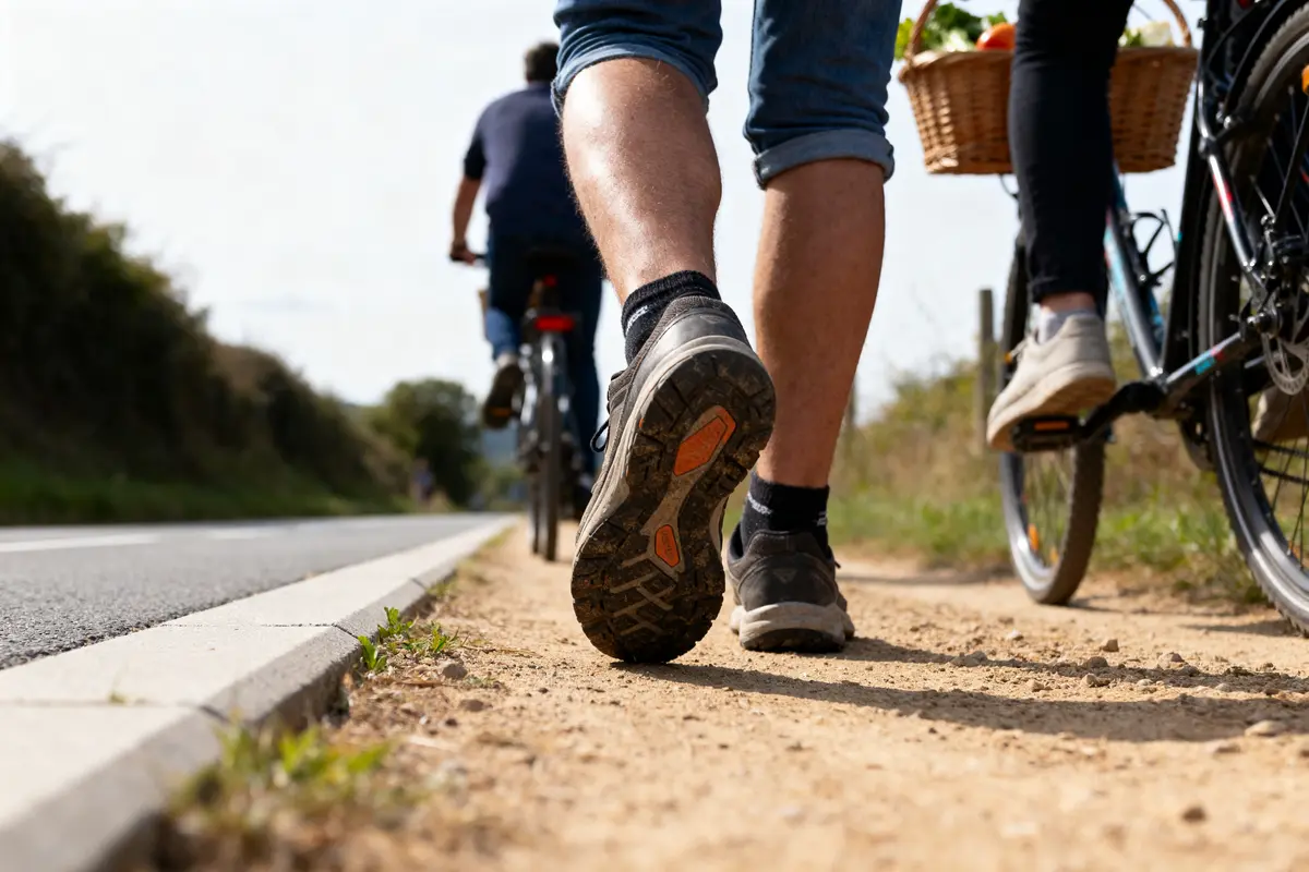 Deux cyclistes et une personne marchant sur un sentier ensoleillé, bordant une route.