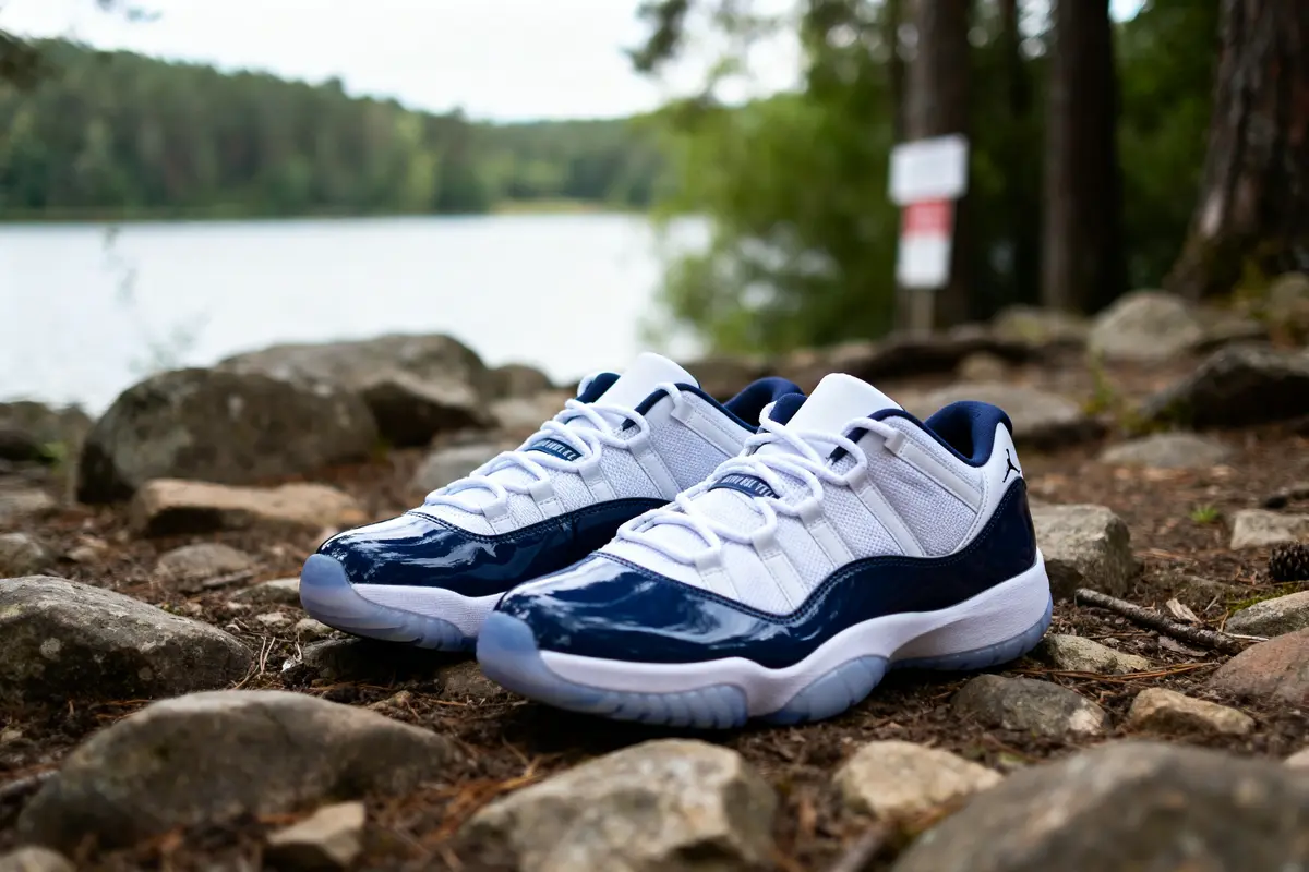 Paire de baskets blanches aux reflets bleus posées sur des pierres devant un lac et forêt.