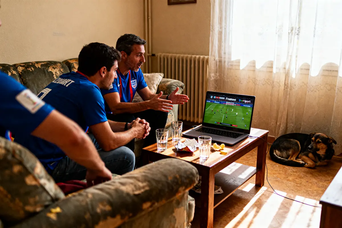 Trois hommes regardent un match de football sur un ordinateur portable, avec un chien couché à côté.