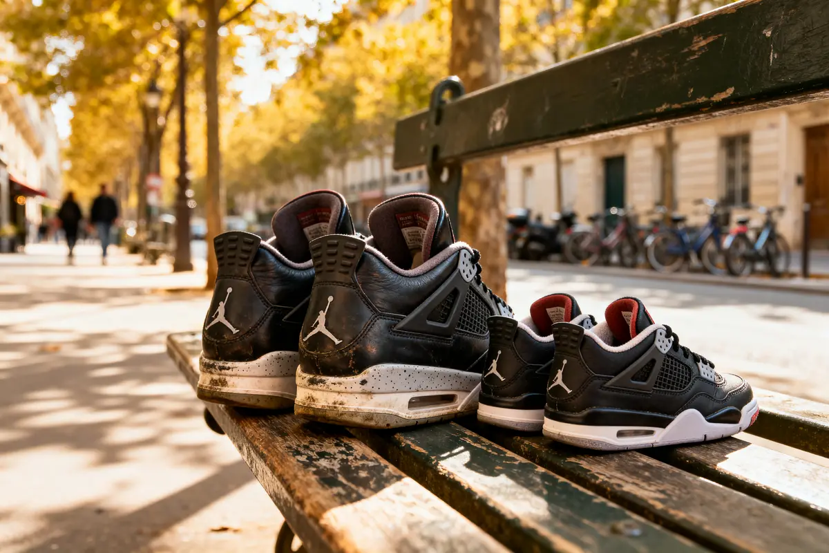 Deux paires de baskets noires sur banc, arbres en arrière-plan, rue citadine ensoleillée.