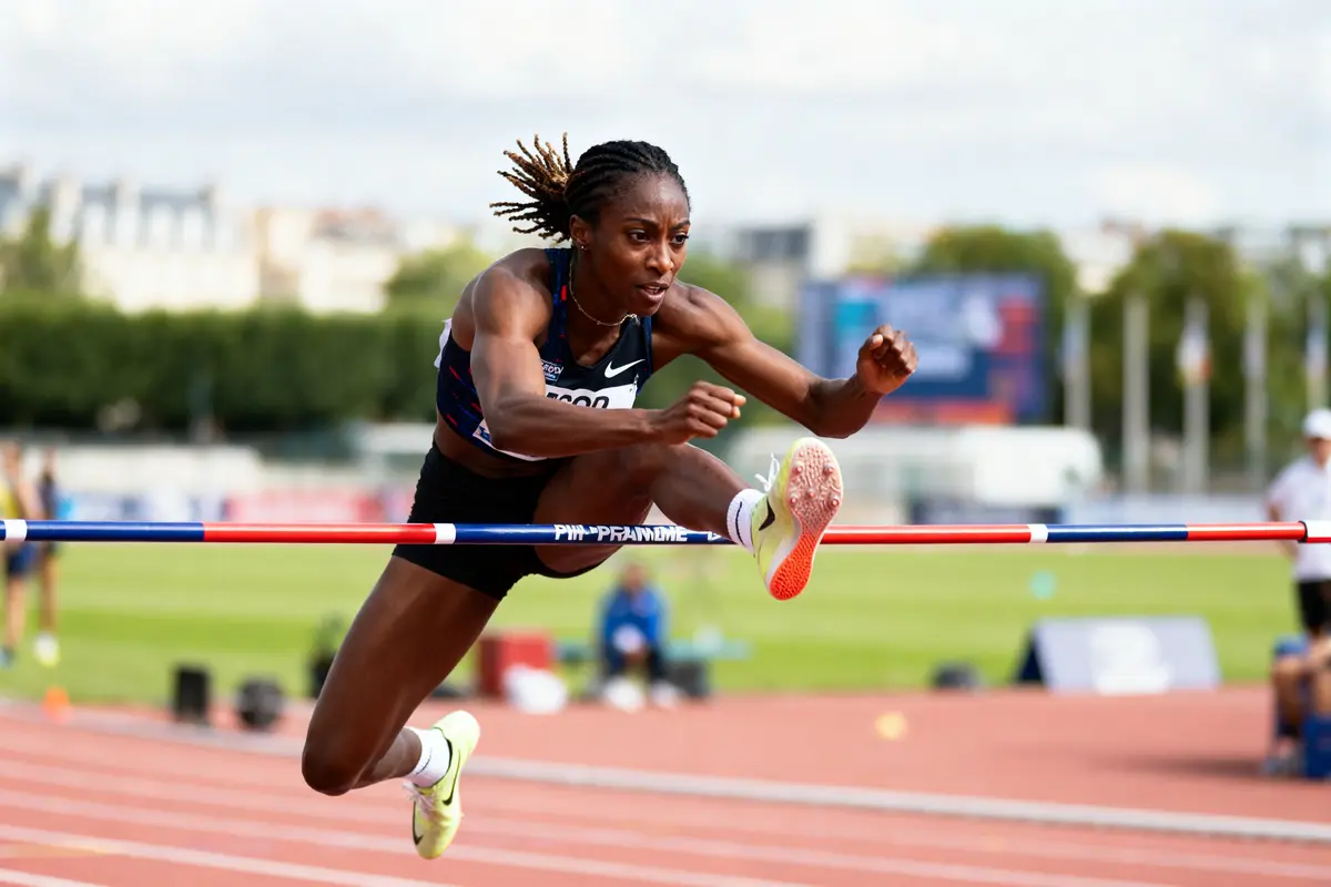 Athlète en pleine course sautant au-dessus d'une haie sur piste d'athlétisme, en extérieur.
