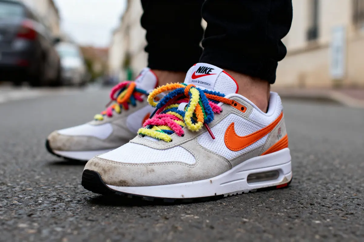 Chaussures Nike blanches avec virgule orange, lacets multicolores, portées dans une rue asphaltée floue.