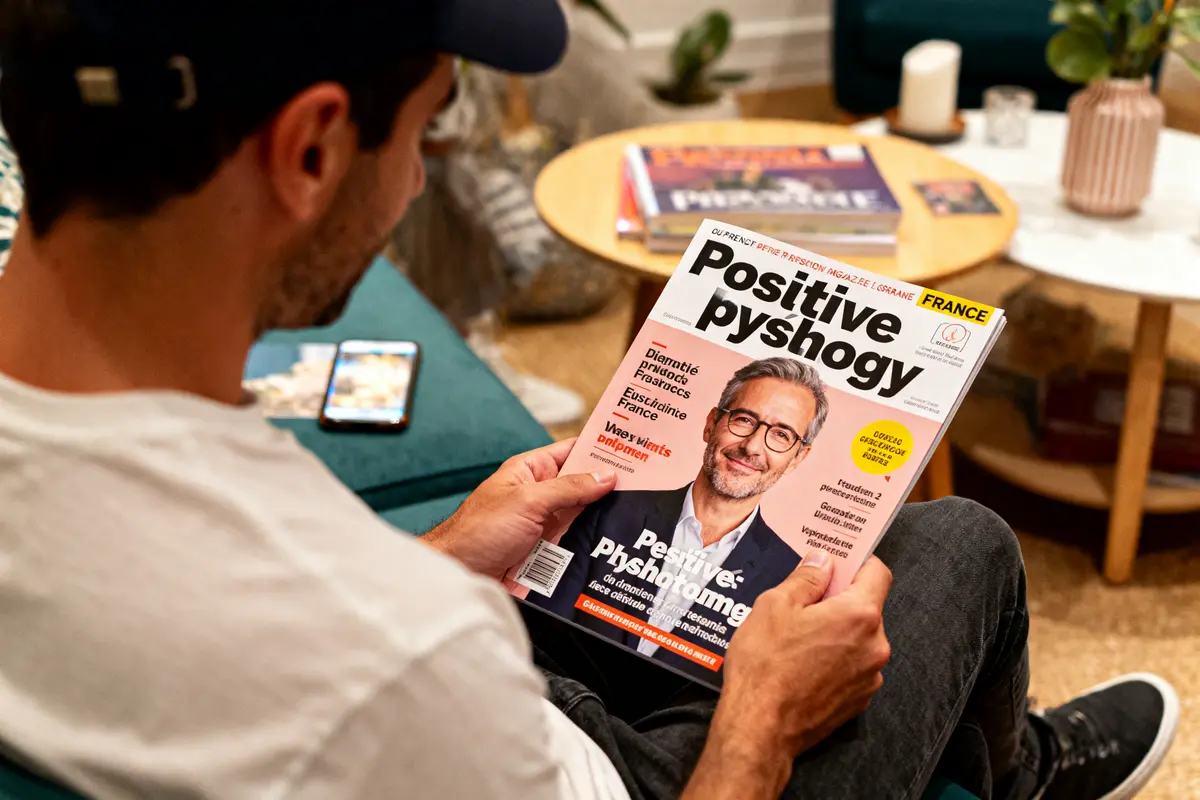 Homme lisant un magazine intitulé "Positive Psychology", assis sur un canapé avec téléphone à proximité.