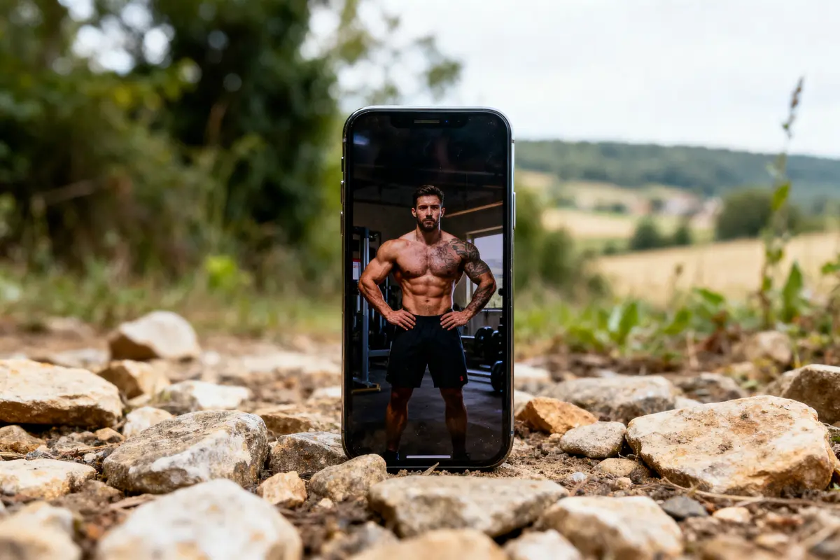 Téléphone affichant un homme musclé, posé sur des pierres, paysage flou en arrière-plan.