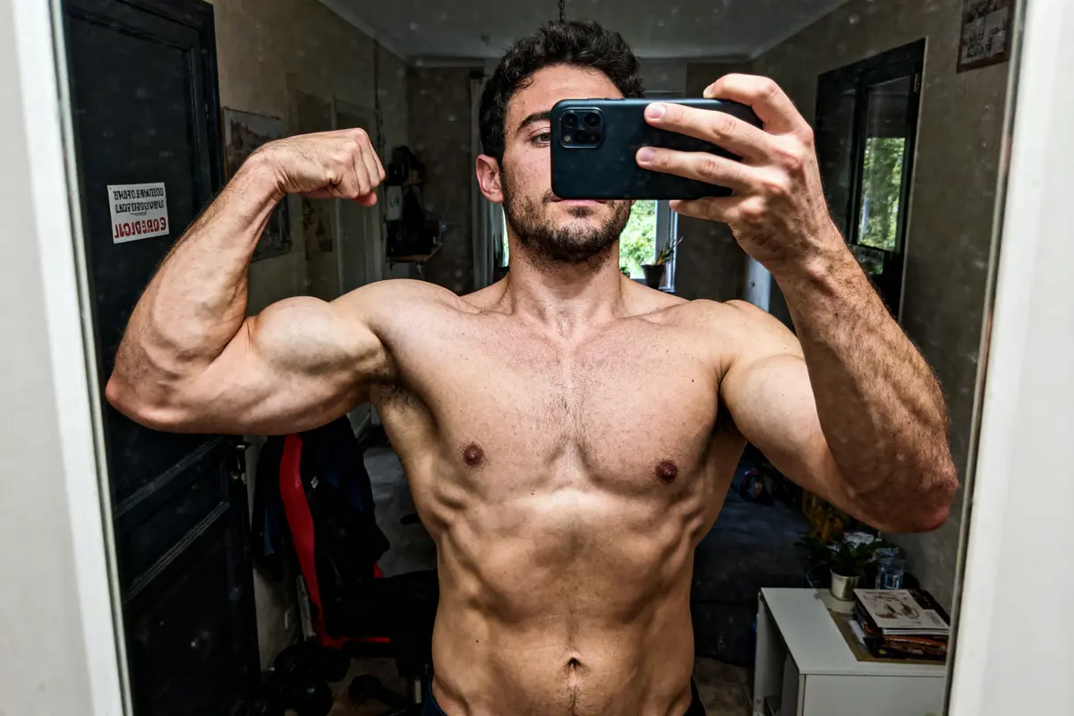 Homme torse nu prenant un selfie, muscles abdominaux et biceps exposés dans un miroir.