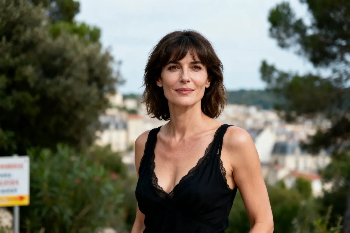 Femme aux cheveux courts, portant une robe noire, debout devant un paysage urbain flou avec arbres.