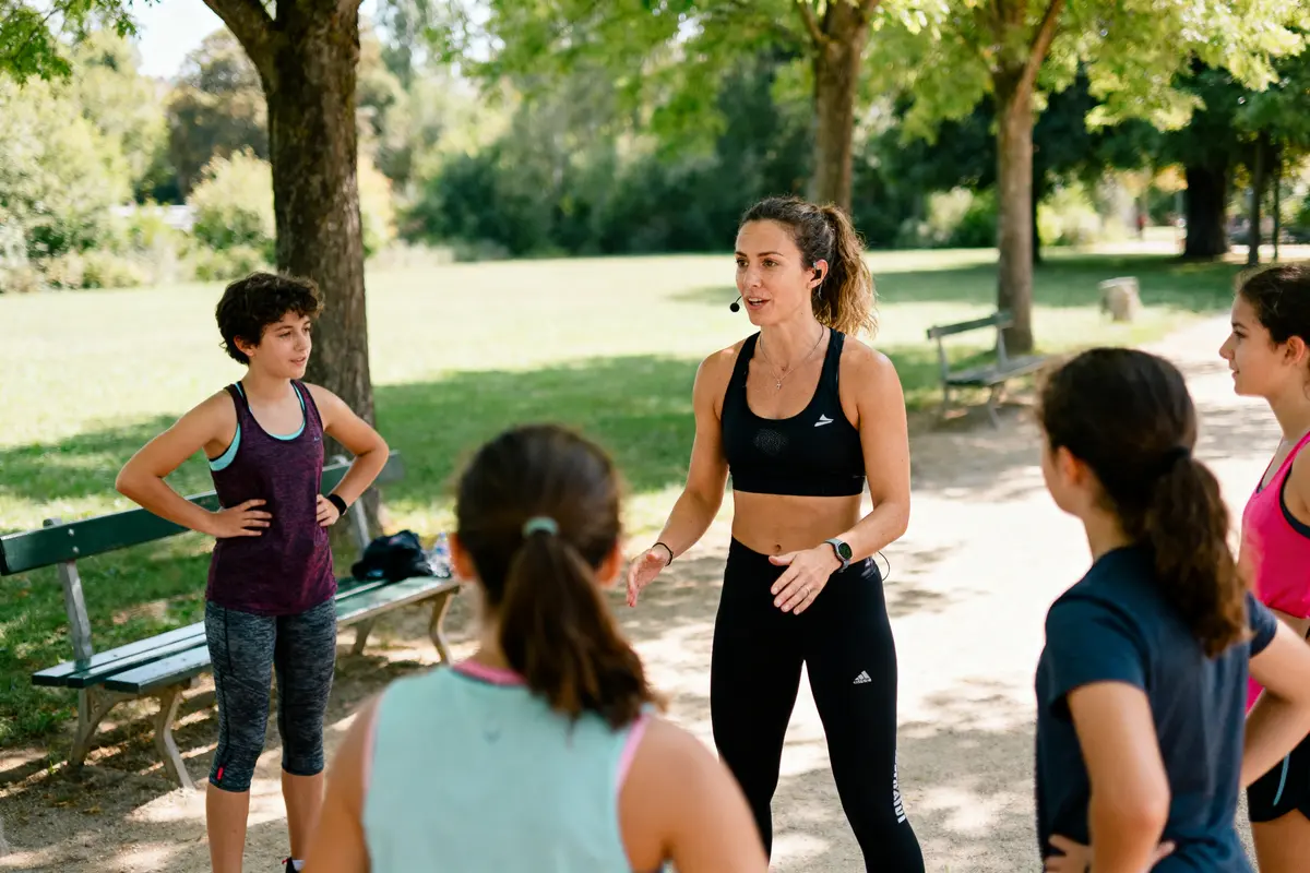 Femme entraîneuse motivant un groupe de jeunes en plein air, entourée d'arbres et d'espaces verts.