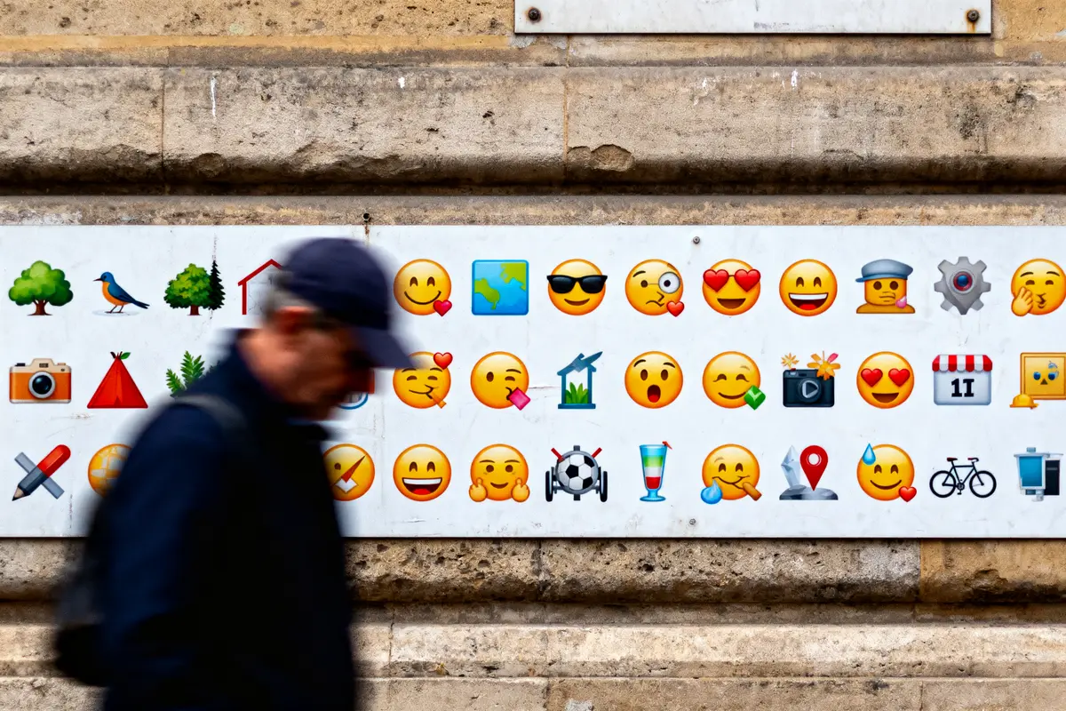 Affiche avec divers emojis sur un mur, passant flou au premier plan.