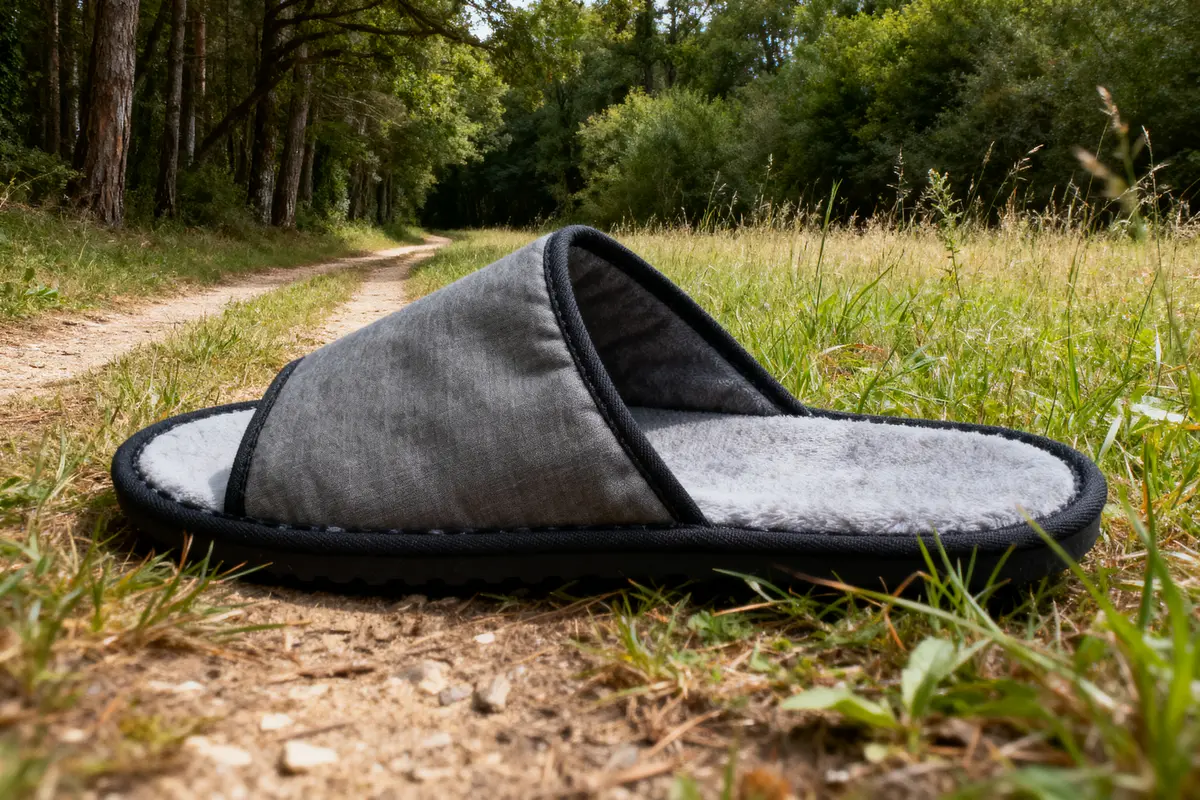 Chausson gris sur un chemin de terre, entouré d'herbe et d'arbres.
