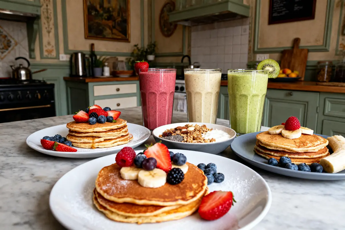 Assiettes de pancakes avec fruits frais, smoothies colorés et bol de granola dans une cuisine vintage.