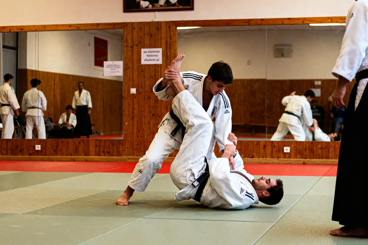 Deux judokas s'entraînent au sol dans un dojo avec miroir, sous observation d'autres participants.