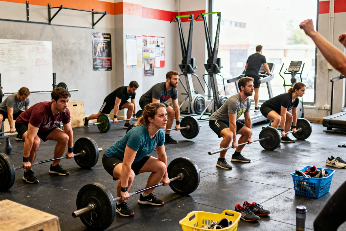 Personnes faisant des exercices de soulevé de terre dans une salle de sport, équipement de fitness en arrière-plan.