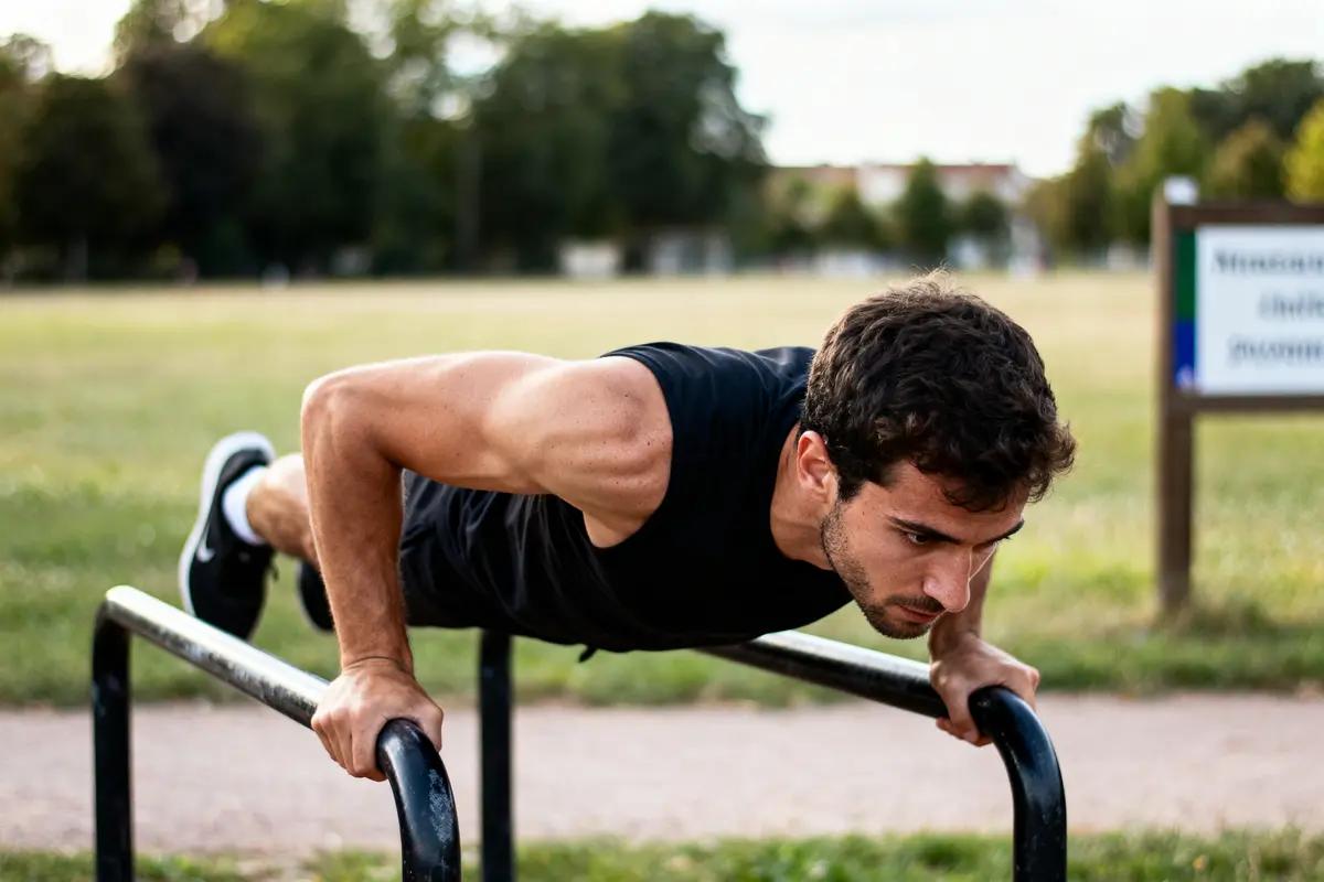Homme effectuant des exercices de dips sur des barres parallèles en extérieur, arrière-plan flou de parc.