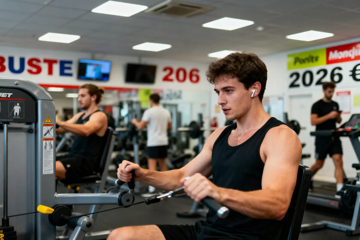 Homme s'entraînant à la salle de sport sur une machine de musculation, écouteurs aux oreilles, autres personnes autour.