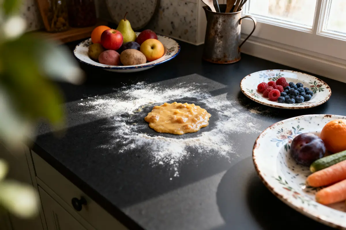 Pâte sur comptoir, assiettes de fruits et légumes, près de la fenêtre ensoleillée d'une cuisine.