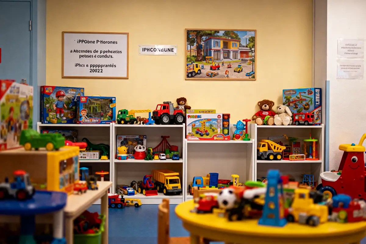 Salle de jeux avec étagères remplies de jouets colorés, peluches et véhicules miniatures. Atmosphère ludique.