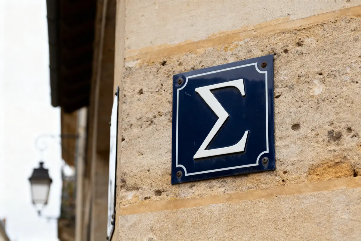 Plaque de rue avec une lettre grecque Sigma, mur en pierre, lanterne en arrière-plan.