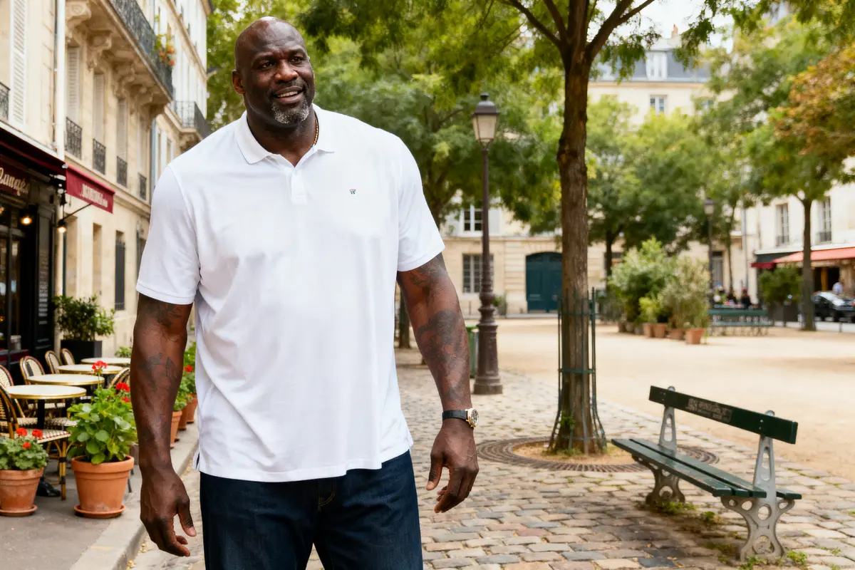 Homme souriant en polo blanc marche sur rue pavée bordée d'arbres, bâtiments et cafés en arrière-plan.