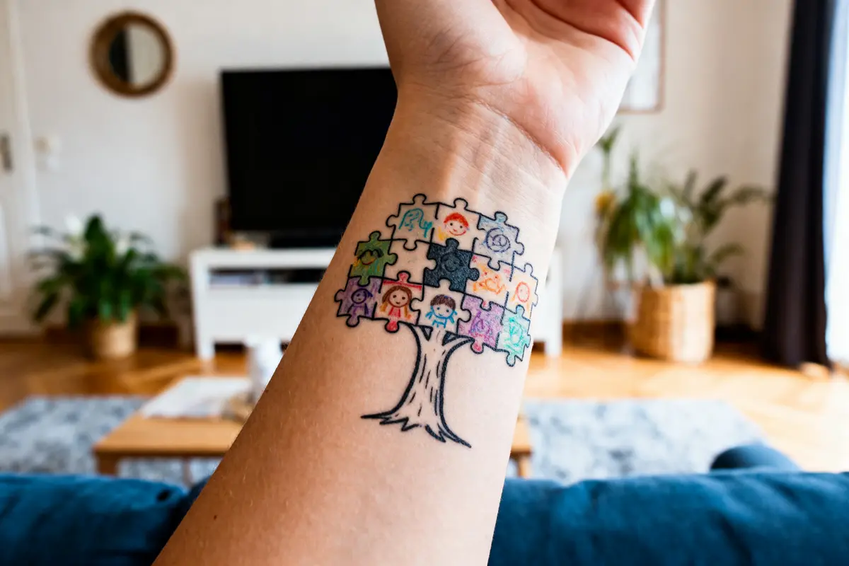 Tatouage arbre en puzzle sur un avant-bras, avec visages colorés, intérieur salon en arrière-plan.