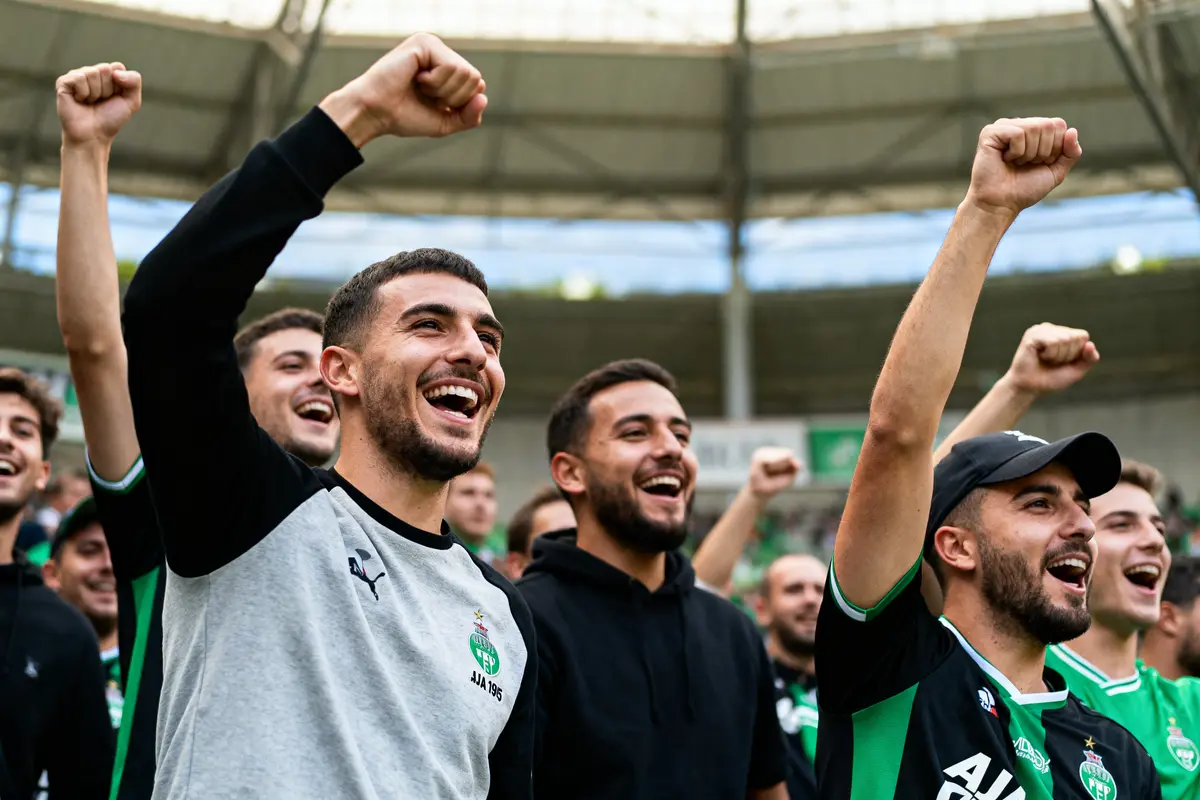 Groupe de supporters enthousiastes levant les bras, célébrant dans un stade.
