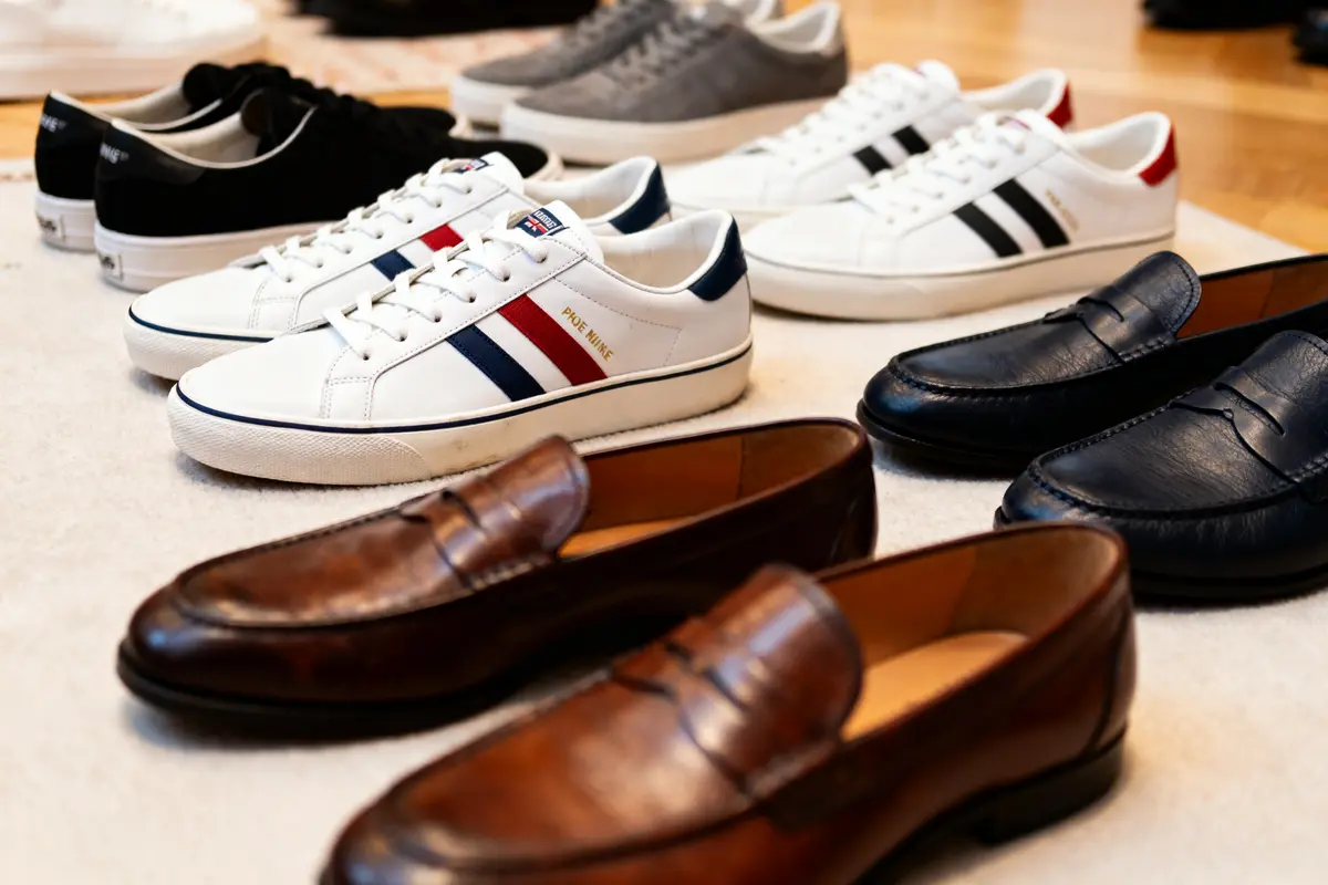 Différents modèles de chaussures, dont baskets et mocassins, disposés sur le sol de manière ordonnée.