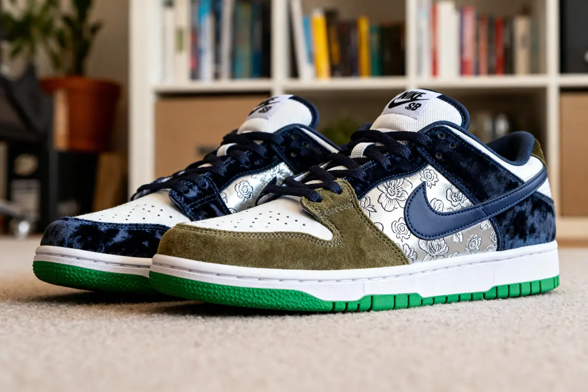 Chaussures Nike SB avec motifs floraux, vert olive, bleu marine, semelle verte, sur fond intérieur avec livres.