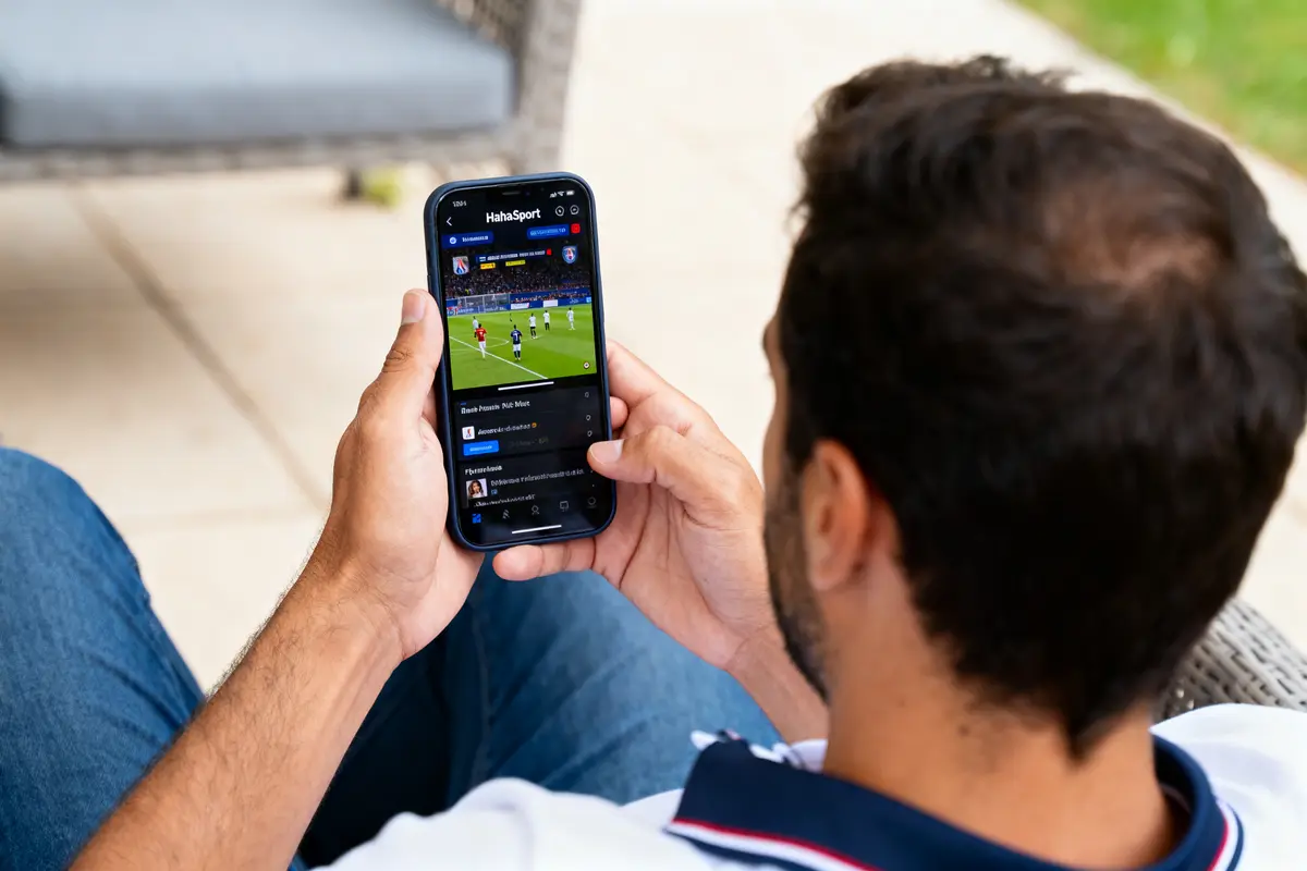 Homme regardant un match de football en streaming sur smartphone, assis à l'extérieur.