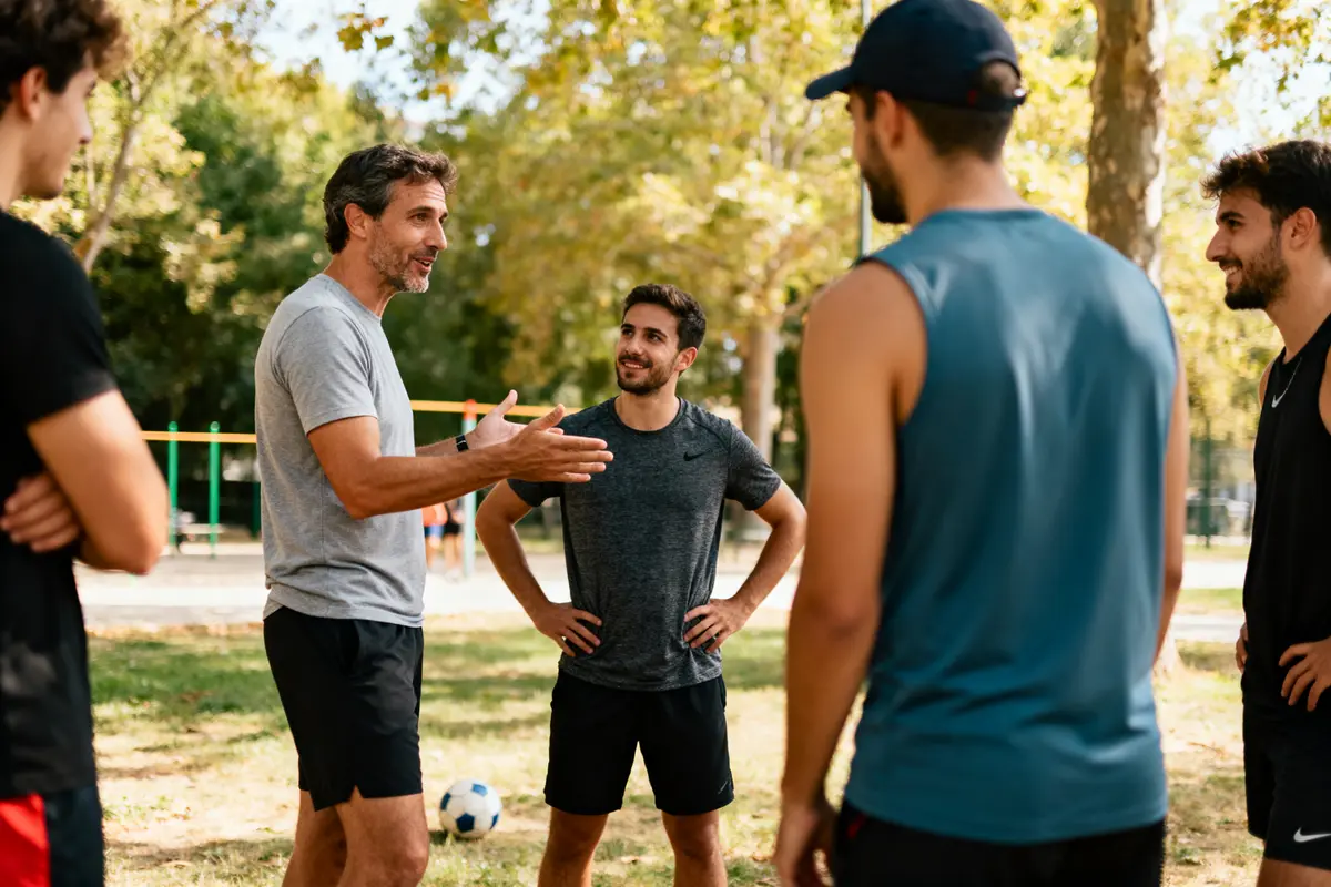 Un groupe d'hommes en tenue sportive discutant à l'extérieur dans un parc, avec un ballon de football.