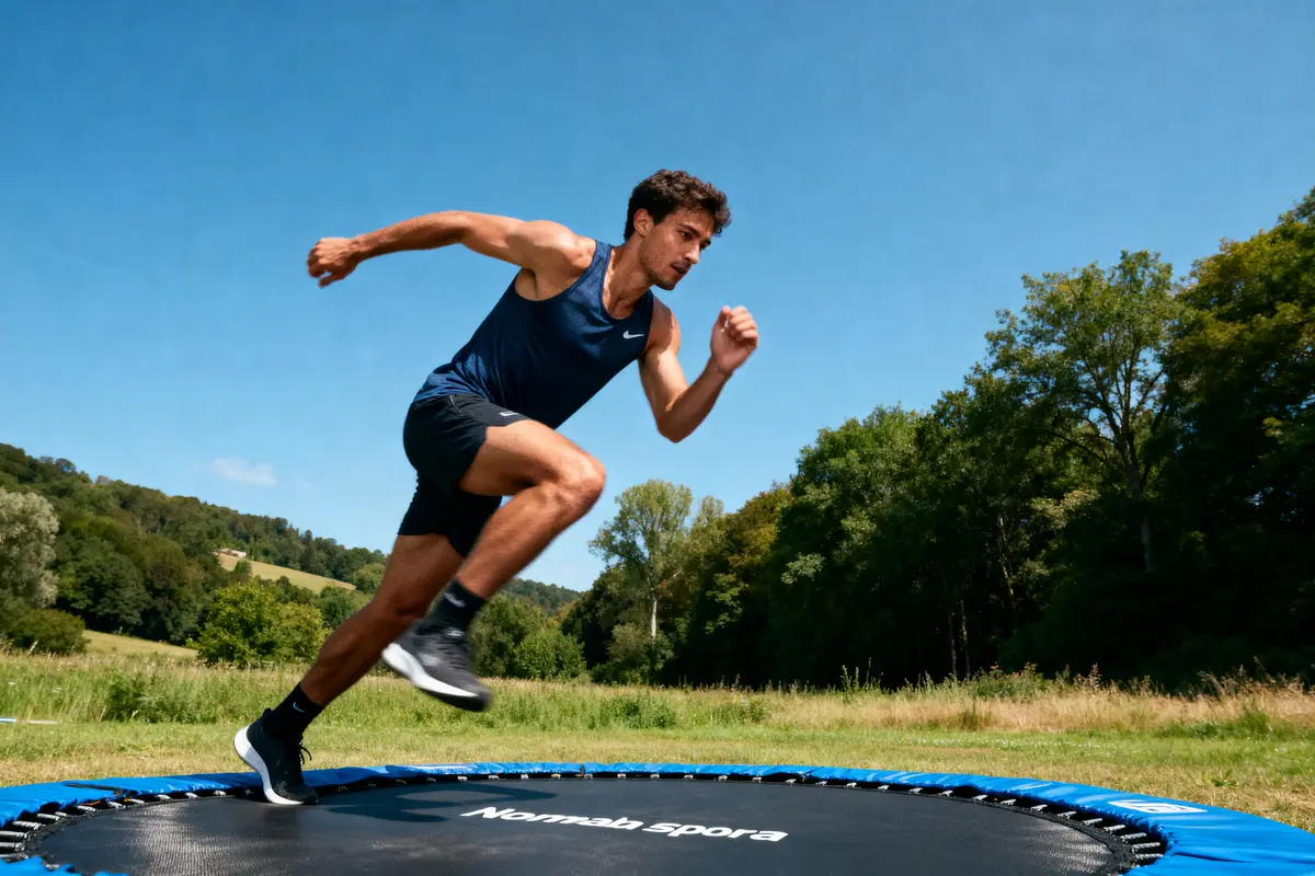 Homme courant sur un trampoline en extérieur, ciel bleu, arbres en arrière-plan.