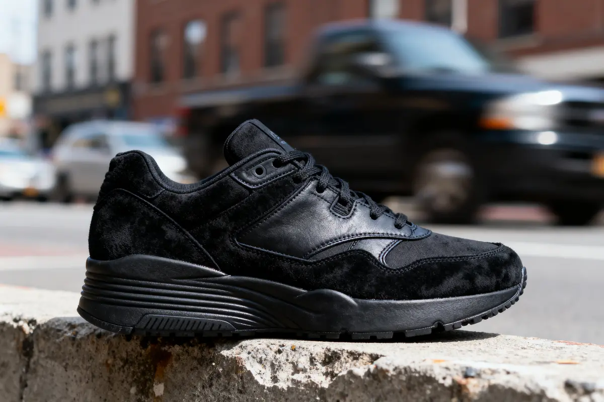 Chaussure de sport noire en cuir posée sur un trottoir avec des voitures floues en arrière-plan urbain.