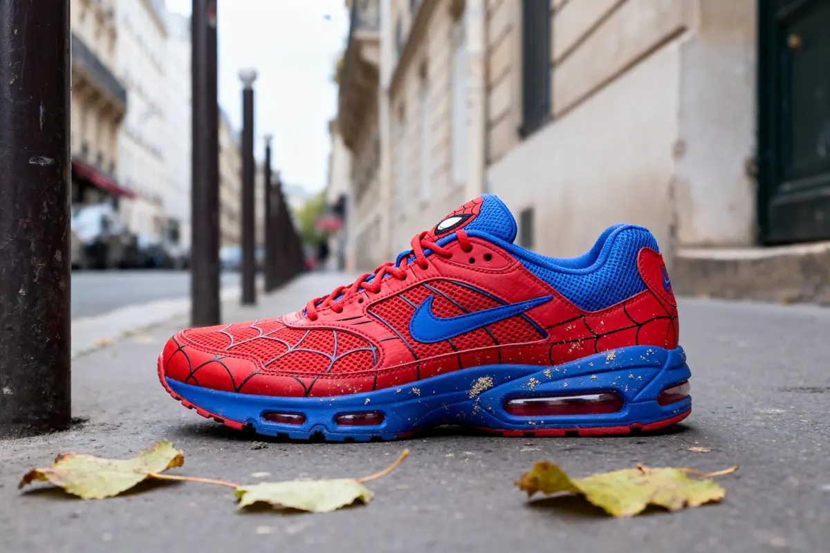 Chaussure rouge et bleue inspirée de Spider-Man sur trottoir avec feuilles mortes, bâtiments flous en arrière-plan.