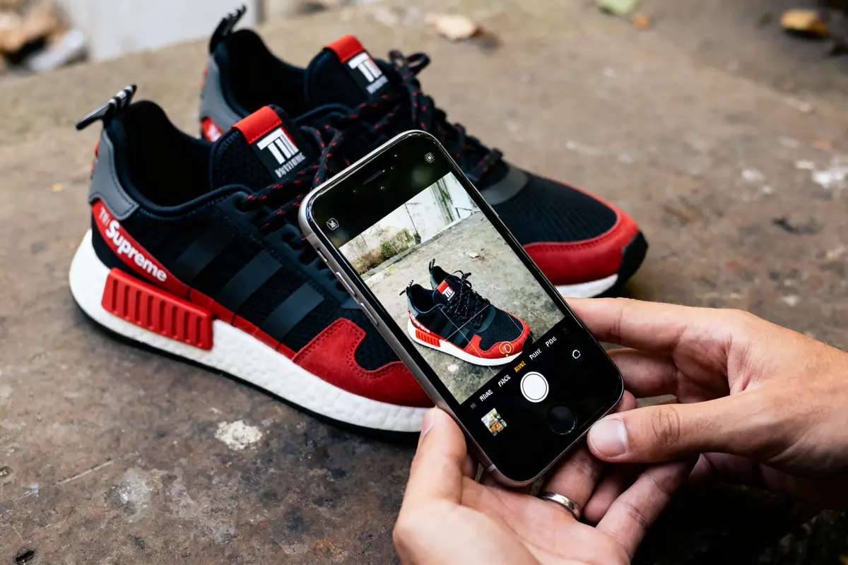 Deux baskets noires et rouges photographiées avec un smartphone, posées sur une surface en béton.