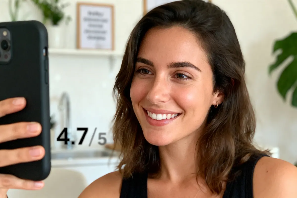Femme souriante prenant selfie avec smartphone, note 4.7/5 à l'écran. Plante et cadre en arrière-plan.