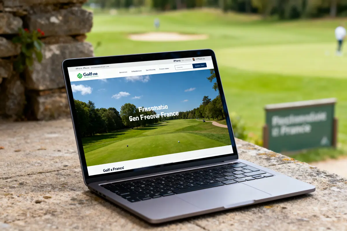 Ordinateur portable affichant un site de golf, posé à l'extérieur près d'un parcours verdoyant.