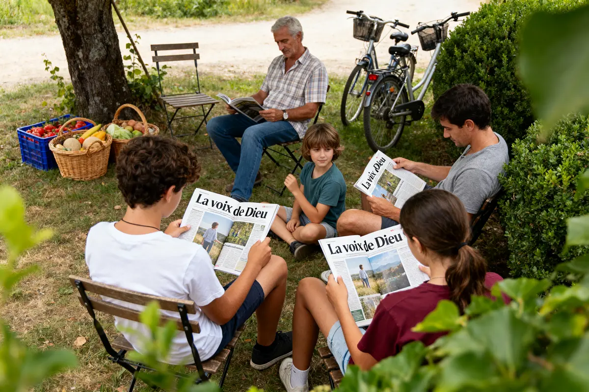 Cinq personnes lisent des journaux "La voix de Dieu" dans un jardin, avec des vélos et des paniers de fruits.