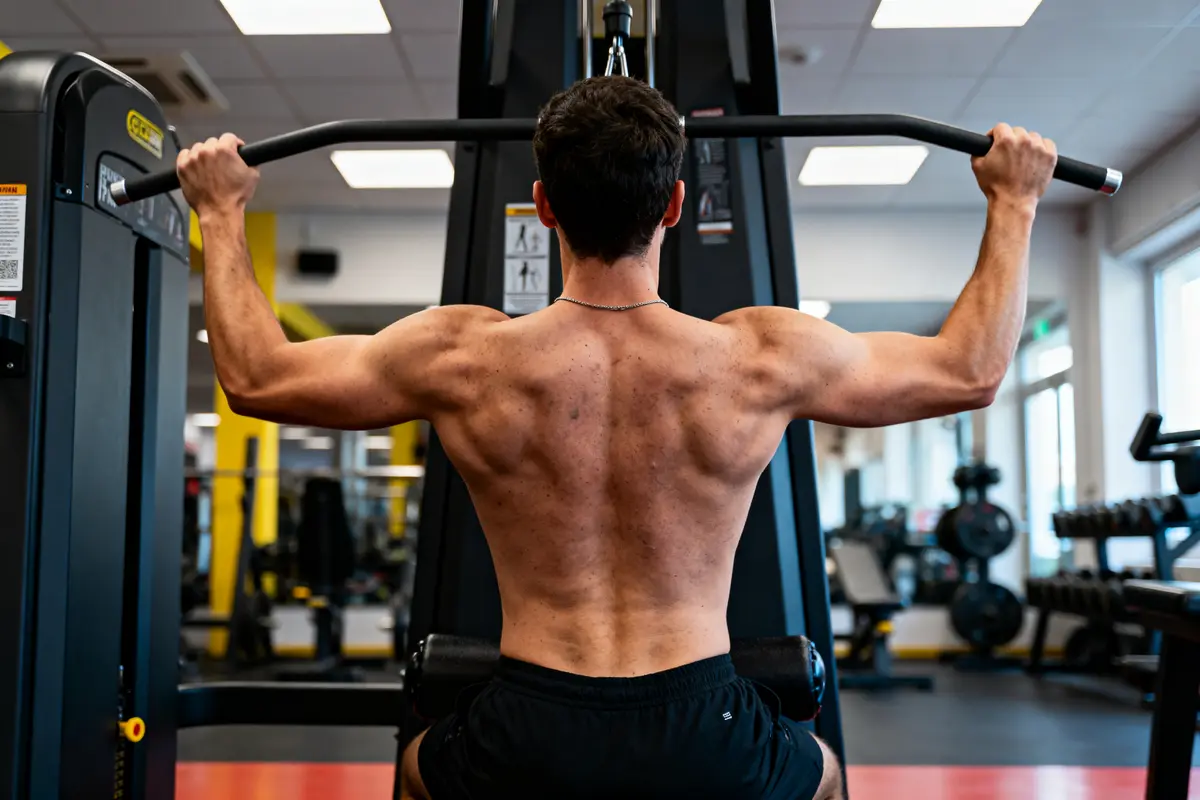 Homme de dos faisant des tractions en salle de gym. Muscles bien définis, ambiance sportive, équipement visible.